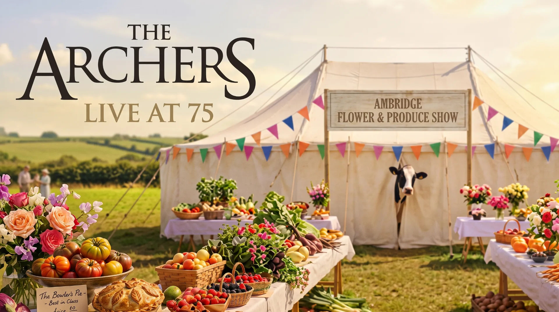 A vibrant outdoor scene featuring a flower and produce show with tables of fresh produce and a cow peeking from a tent.