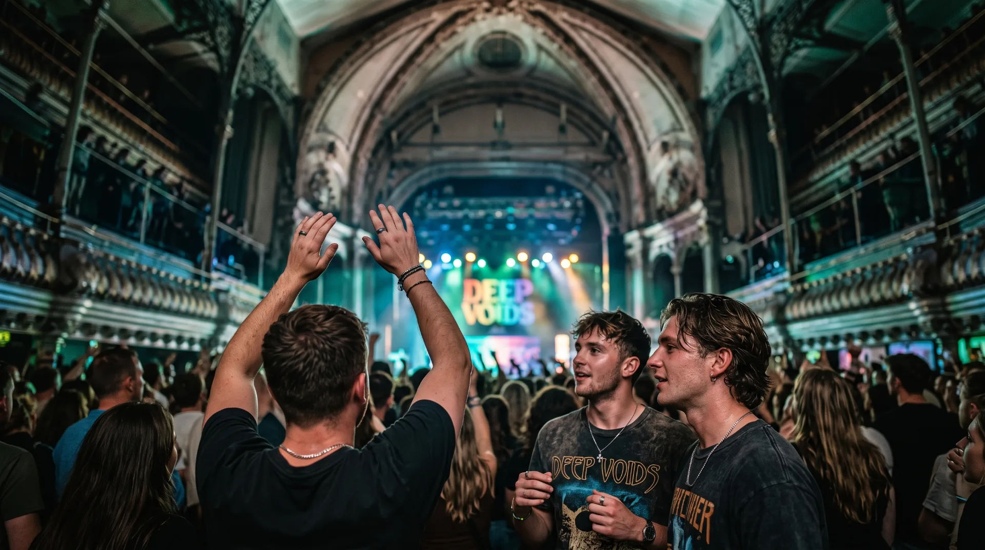 Crowd enjoying a concert at O2 Academy Bournemouth, with hands raised and vibrant stage lights in the background.