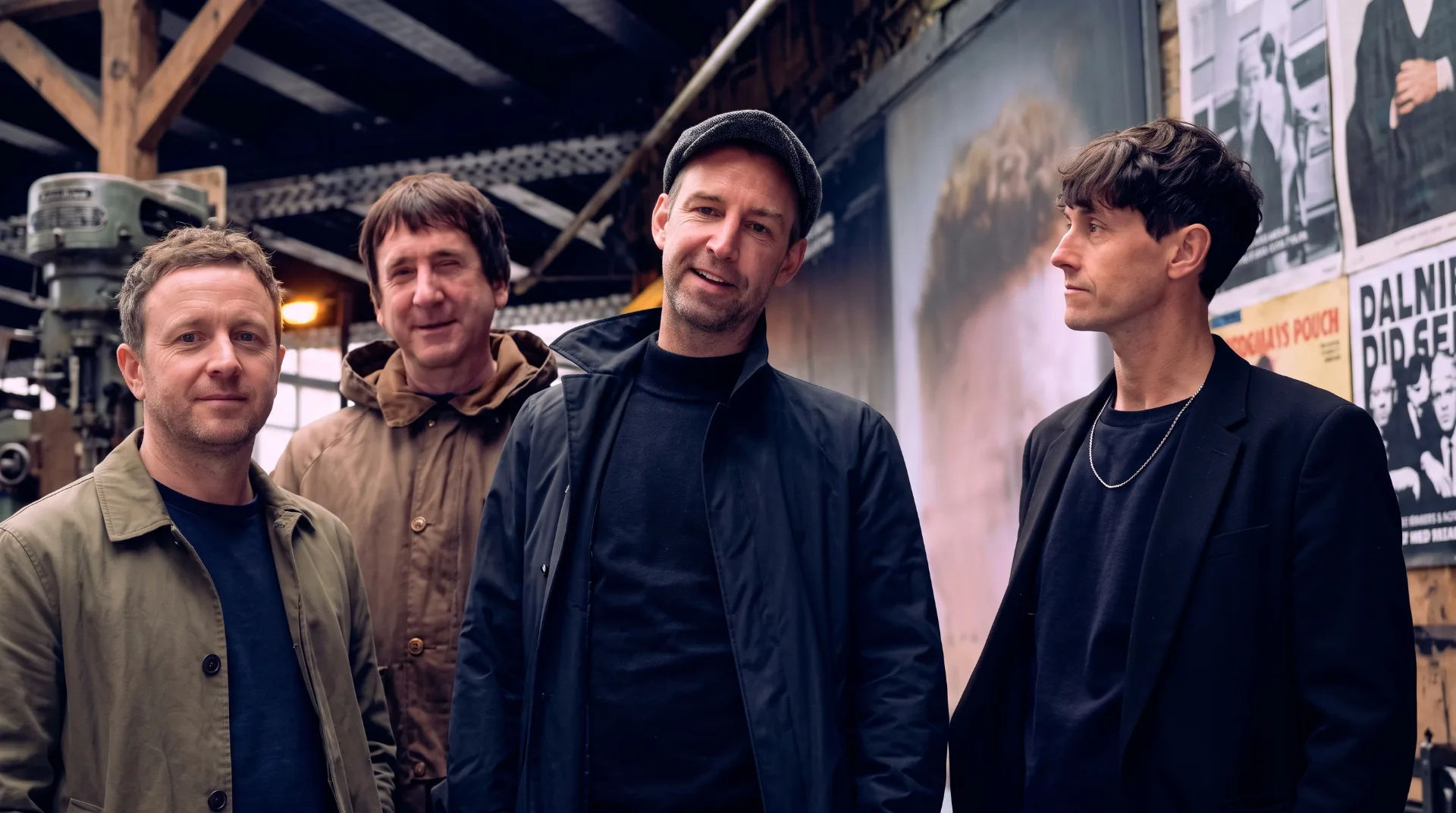 Four band members stand together in a rustic setting with posters in the background