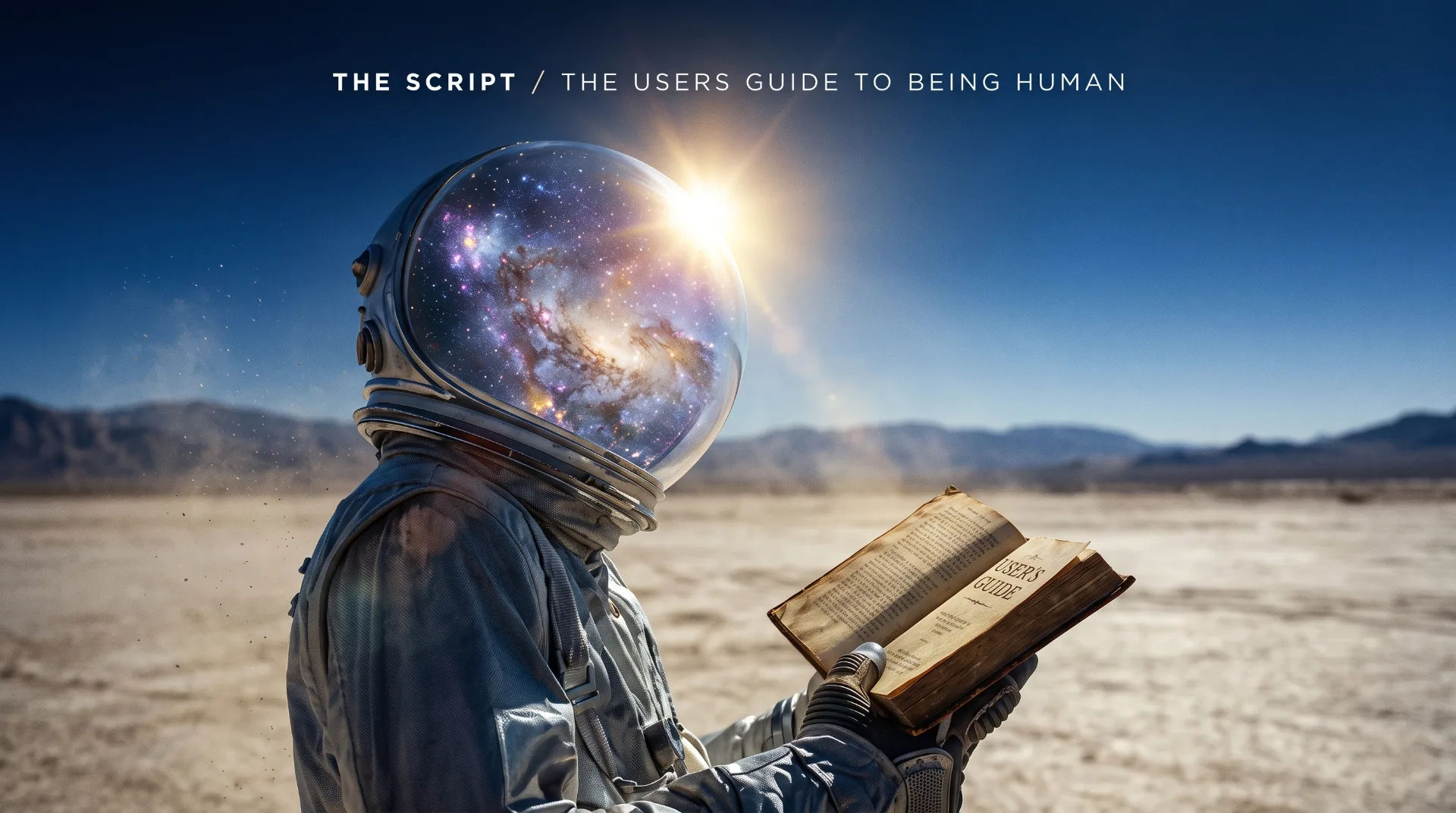 An astronaut in a barren landscape reading a book titled 'User's Guide' with a cosmic scene in the helmet.
