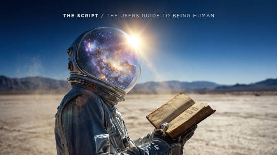 An astronaut with a galaxy-filled helmet reading a book in a desert