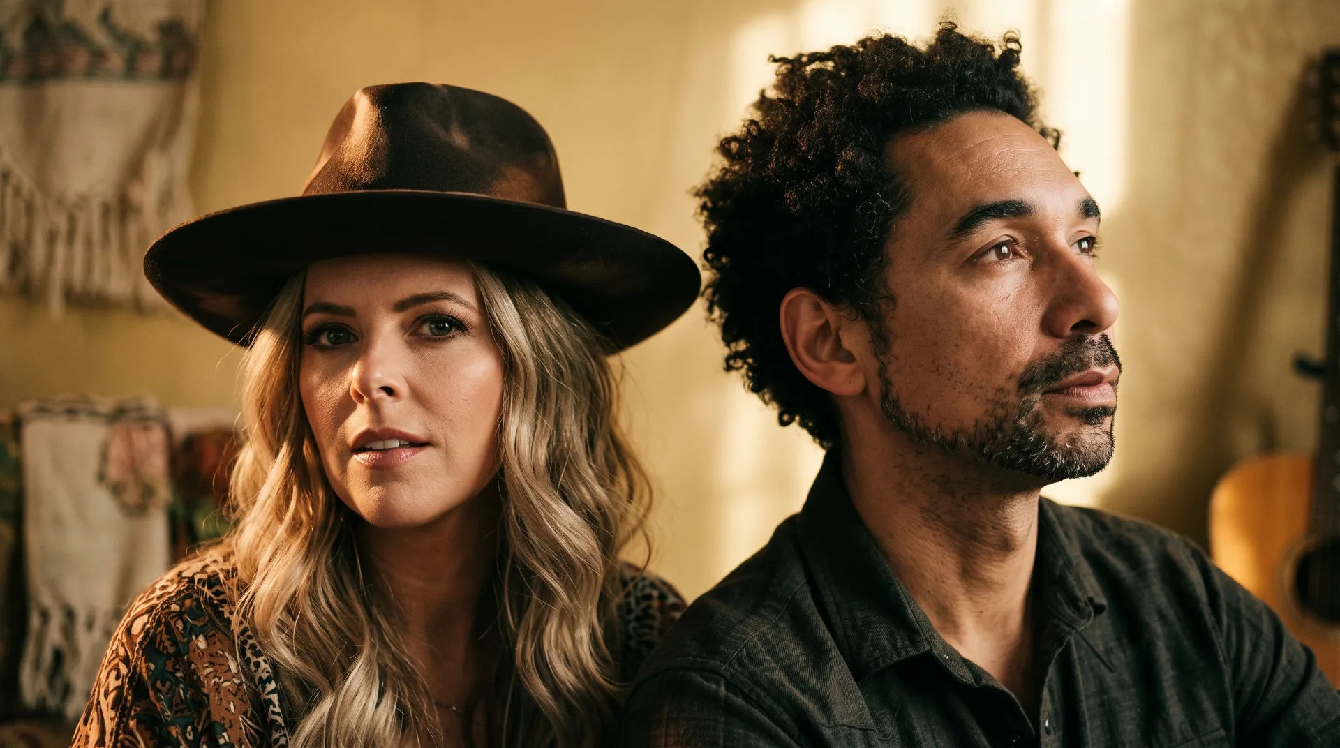 Two musicians, a woman with long hair and a hat, and a man with curly hair, in a warm-toned setting
