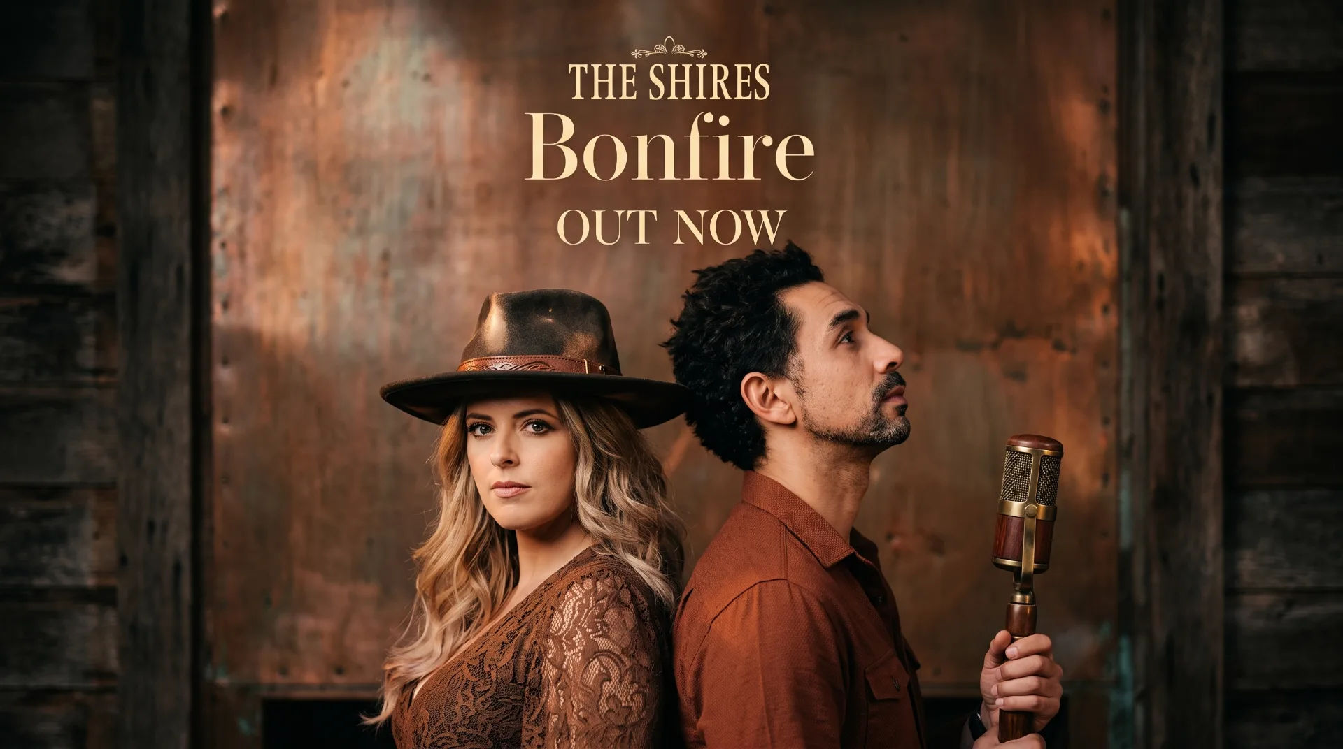 Two musicians pose back-to-back, one in a hat and the other holding a vintage microphone, against a rustic backdrop.