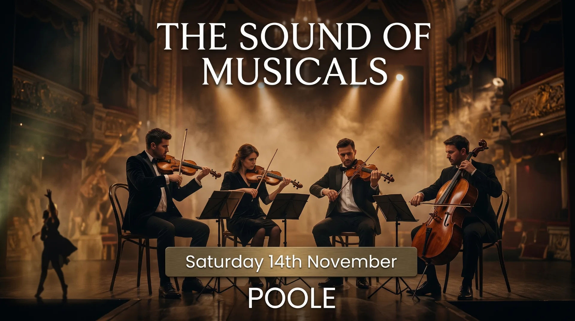 Four musicians performing with violins and a cello in a softly lit venue, with a dramatic background