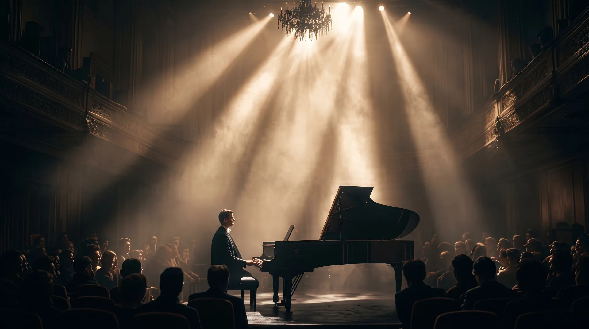 A pianist performing on stage with a grand piano, illuminated by dramatic lighting in a theatre setting.