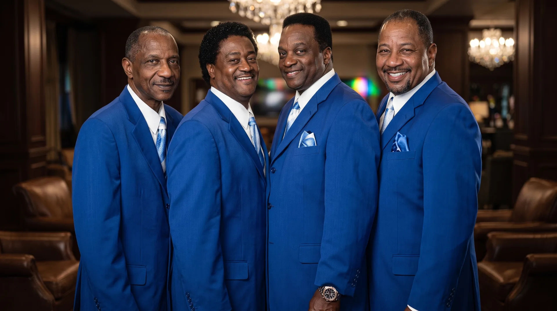 Four men in blue suits smiling and posing together in a stylish indoor setting