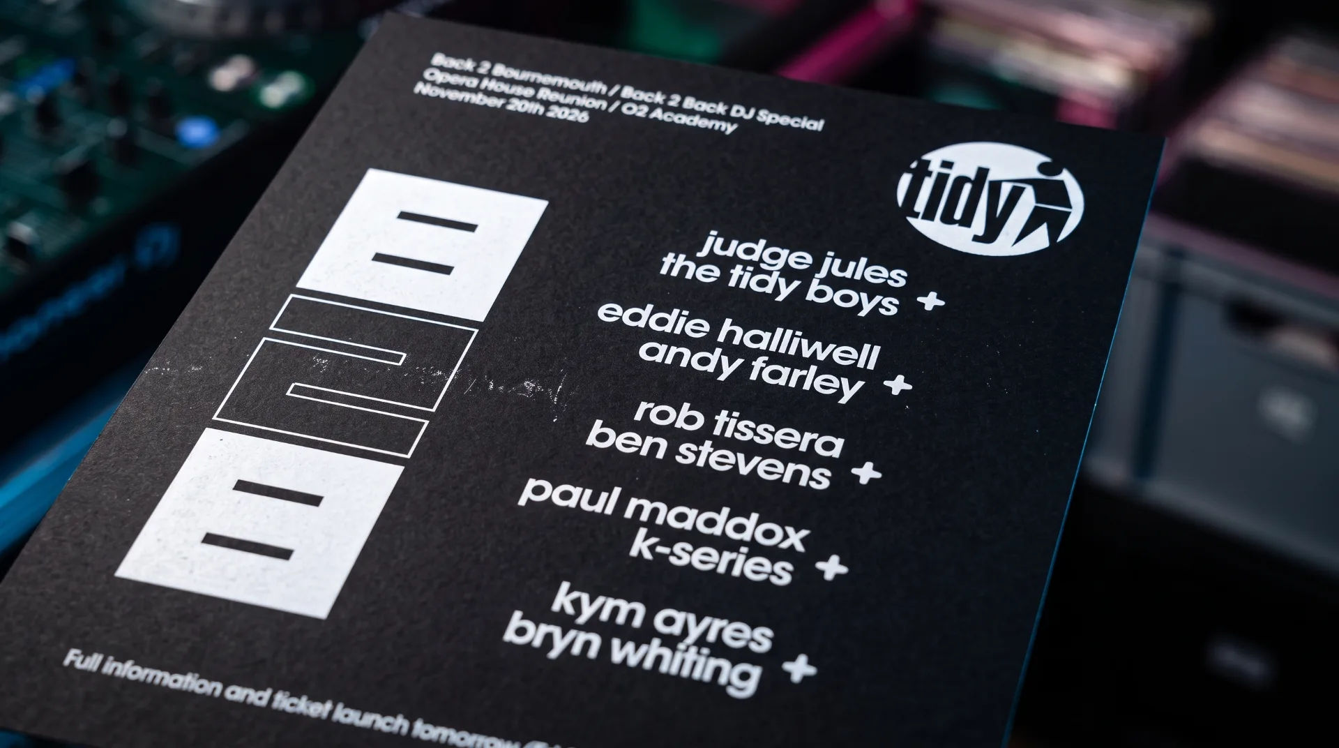 A promotional flyer for Tidy B2B Bournemouth featuring DJ names and event details.