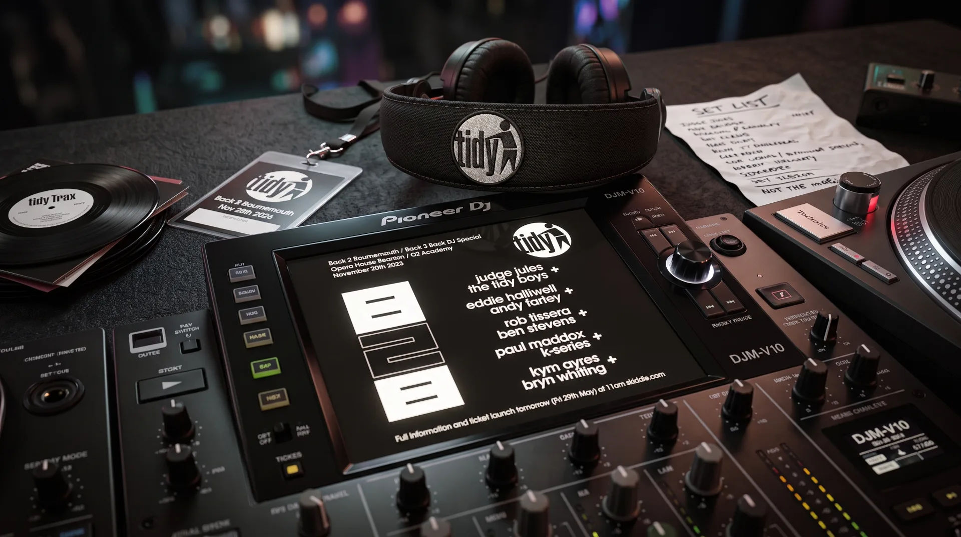 DJ equipment with headphones, vinyl records, and a set list for Back 2 Bournemouth event