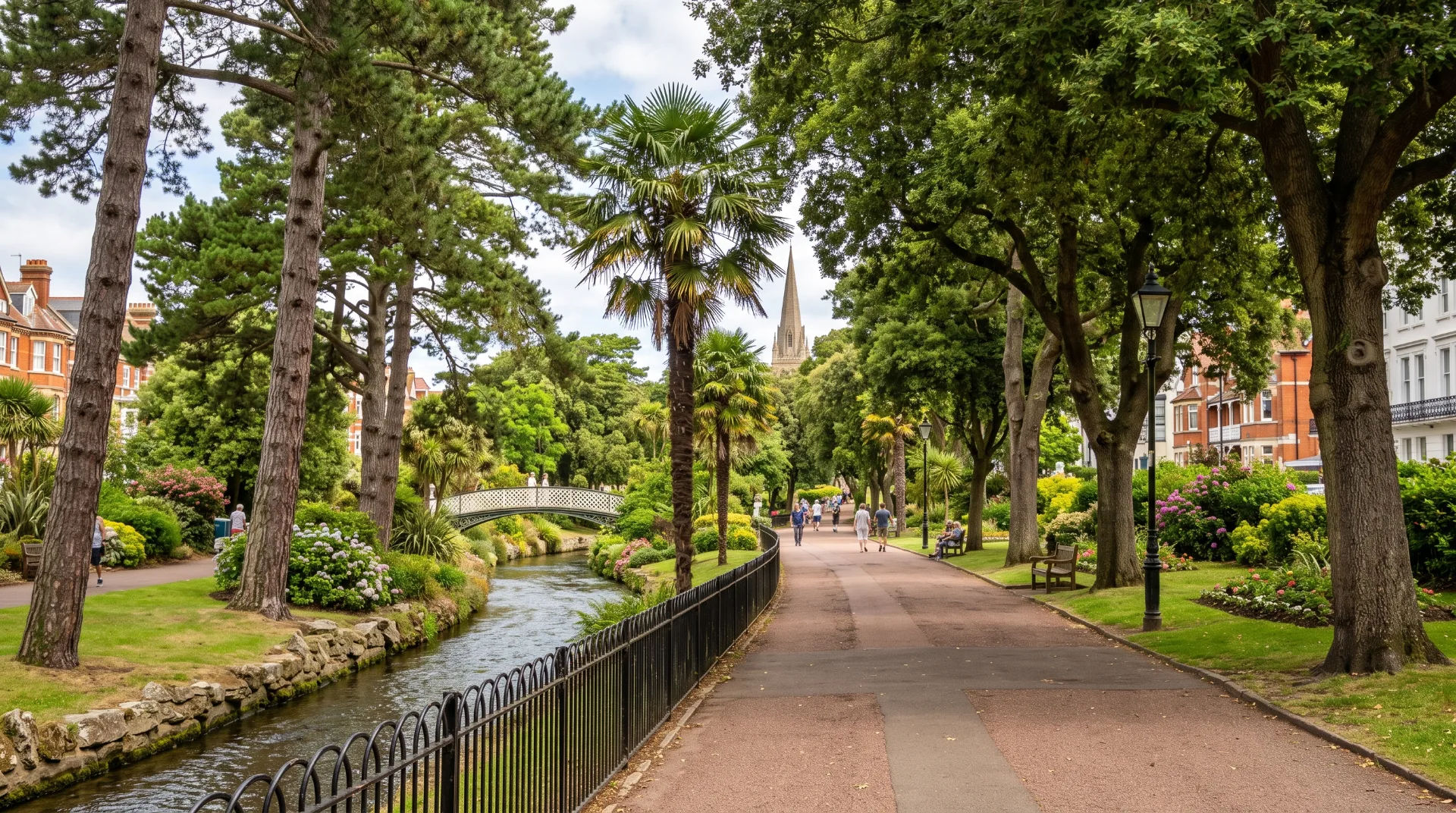 Tree-lined pathway in Bournemouth Gardens with a stream and bridge in view