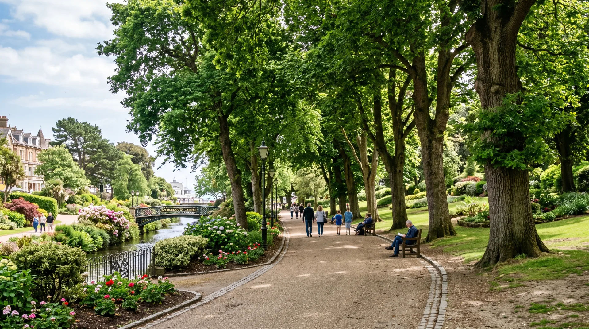 Tree-lined pathway in Bournemouth Gardens with people walking and benches along the route