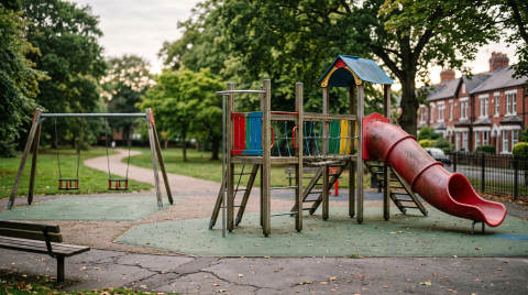 Colourful playground equipment with swings and slide in a park