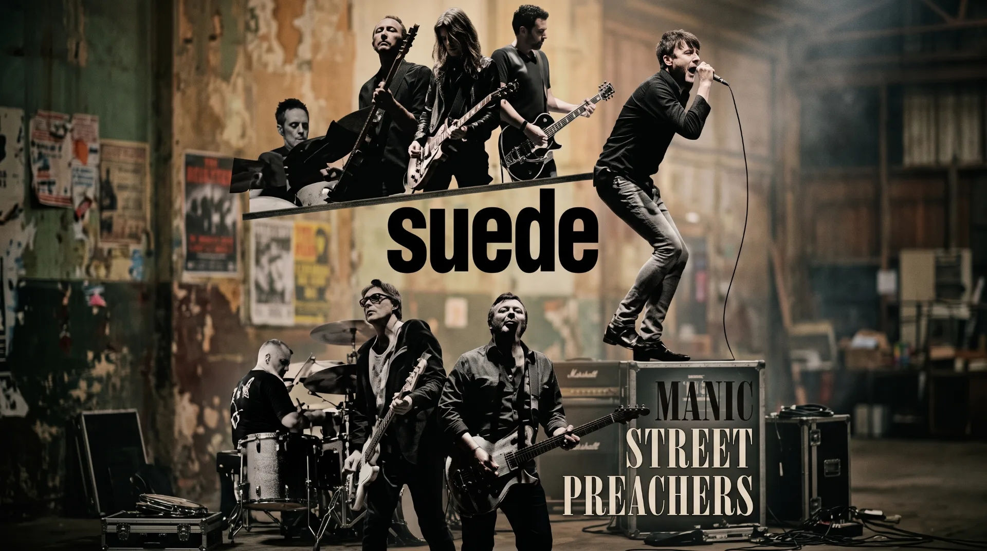 Musicians performing on stage with instruments, featuring Suede and Manic Street Preachers, in a grungy venue.
