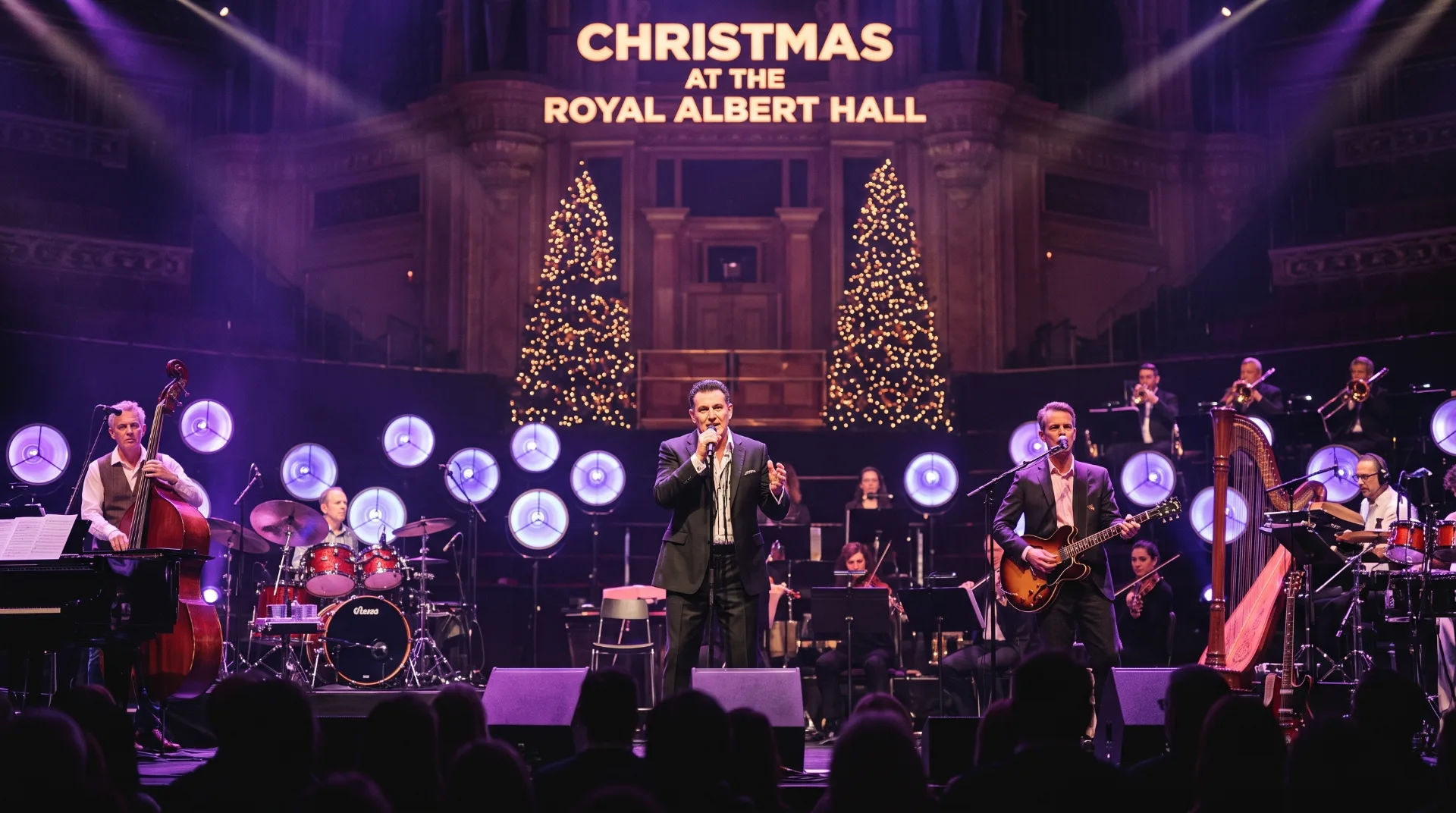 A festive stage with a big band performing, featuring musicians with brass instruments and a female vocalist in a blue dress.