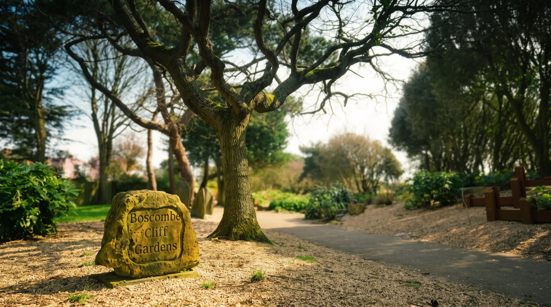 A stone sign for Boscombe Cliff Gardens beside a winding path and trees in a green space.