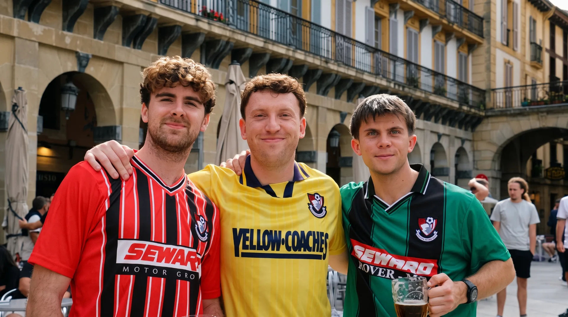 Three men in AFC Bournemouth shirts pose together outdoors, smiling and holding drinks.