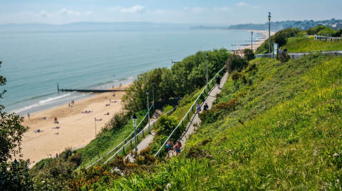 Bournemouth beach and promenade with people walking along a path