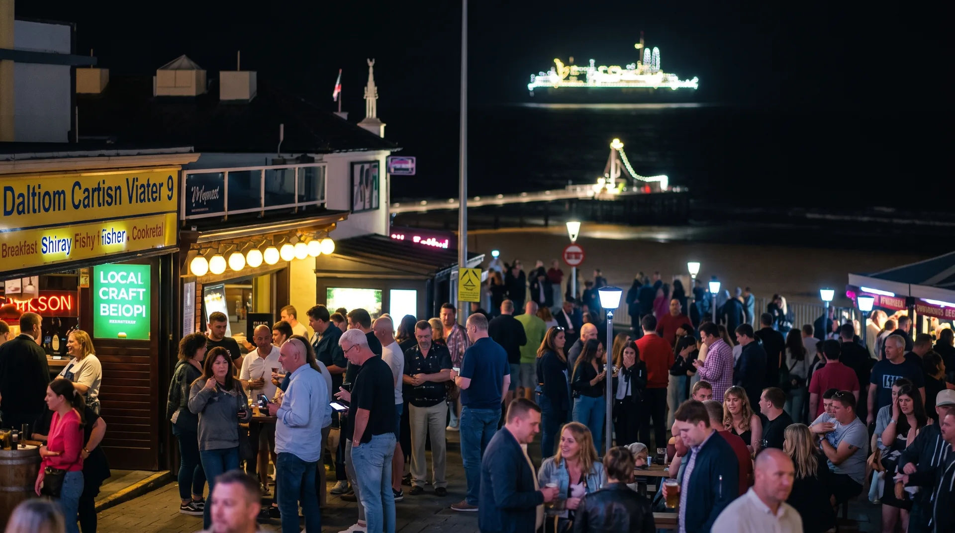 Lively beachfront scene at night with crowds enjoying drinks outside bars and illuminated pier in background.