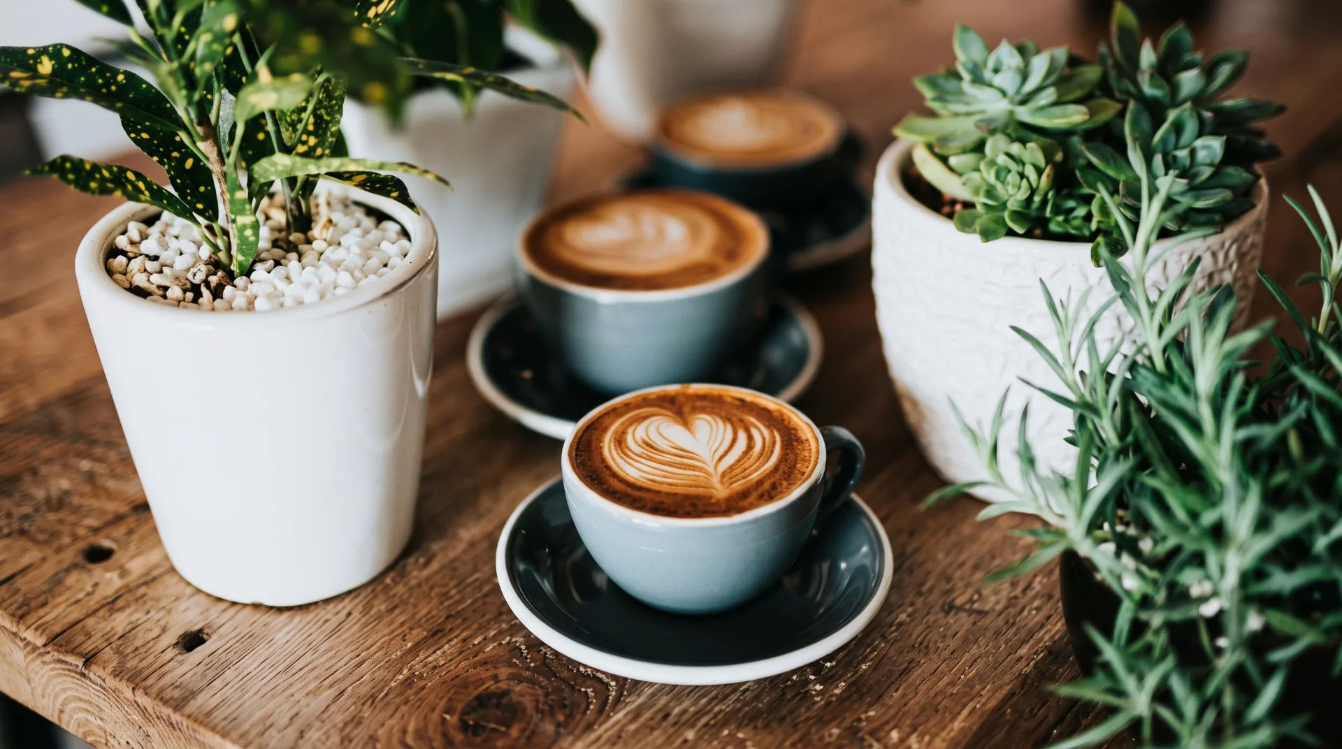 Three cups of latte art coffee on a wooden table with potted plants in the background.