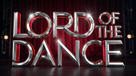 Metallic logo of Lord of the Dance against red curtains