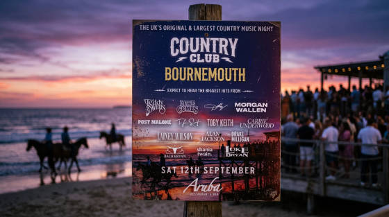 Event poster for Country Club Bournemouth against a sunset background