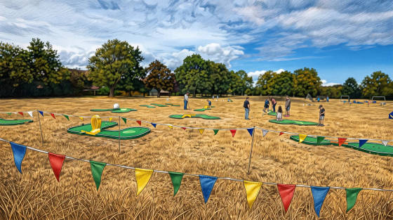 People playing mini golf in a field with bunting