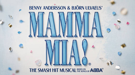 Poster for Mamma Mia! musical with blue text and confetti