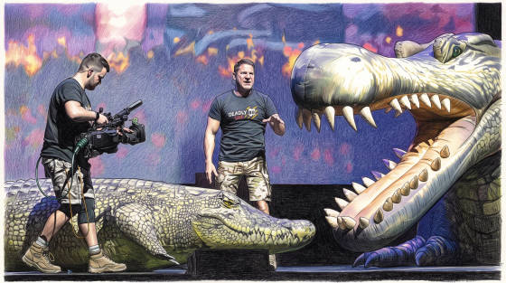 A presenter with a crocodile on stage during a live show
