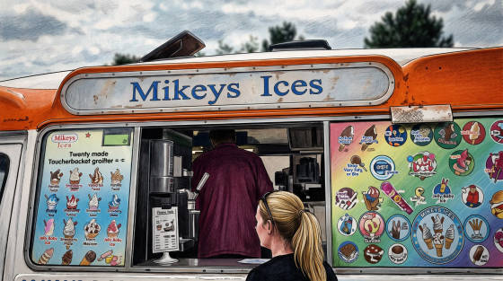 Ice cream menu and customer at Mikey's Ices van