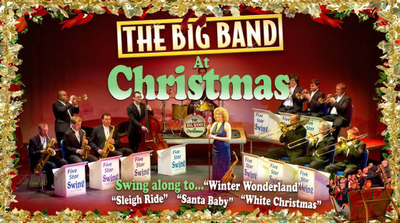 Musicians performing in a Christmas-themed concert with instruments