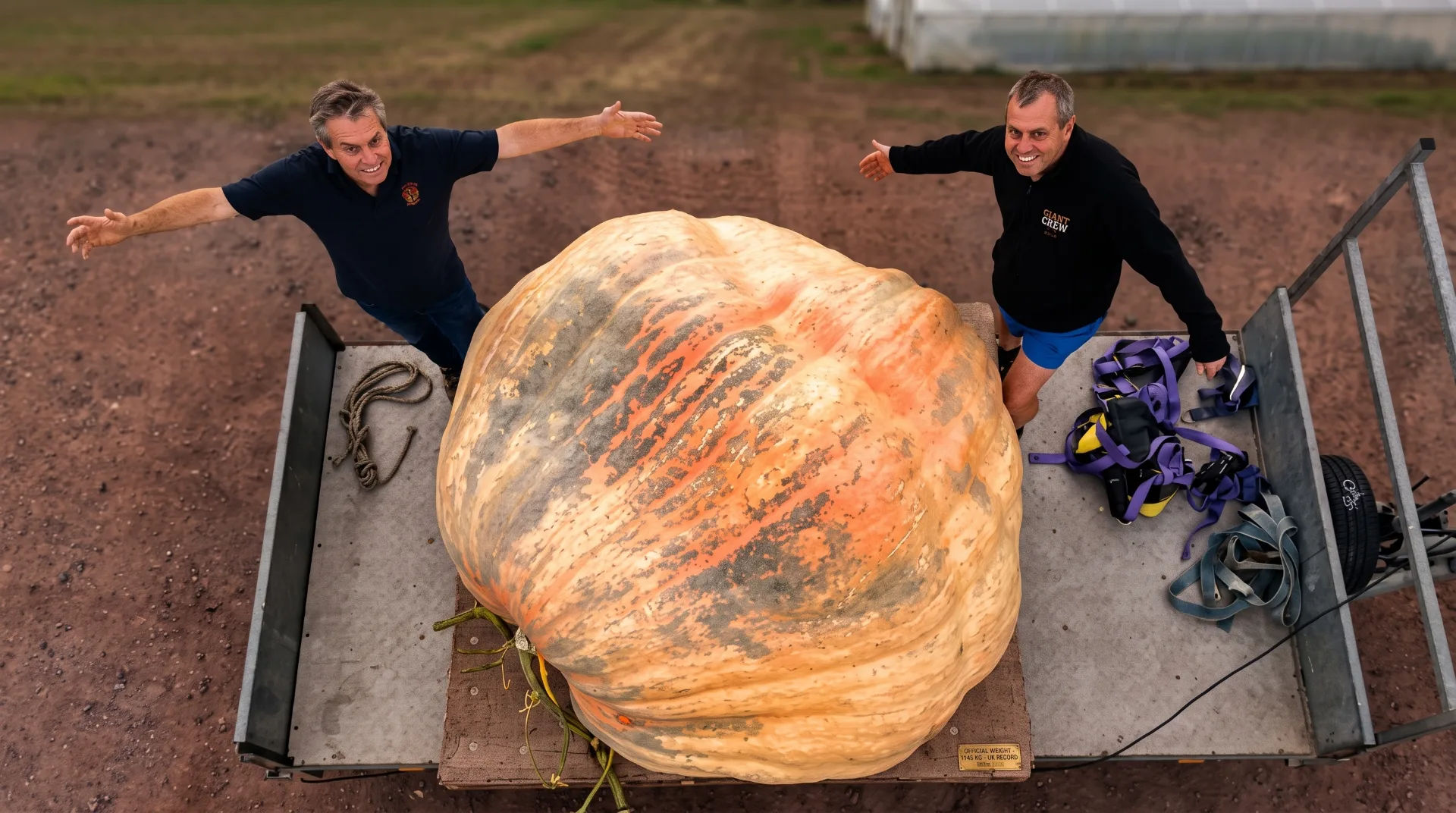 Two men with outstretched arms beside a large pumpkin on a trailer, with equipment nearby.