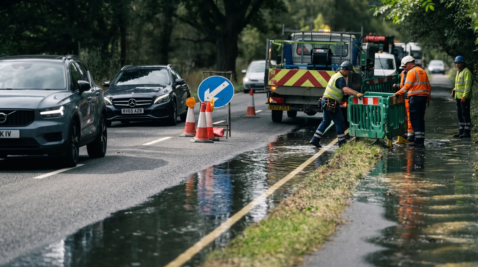 Traffic on a road beside a flooded area with workers and barriers managing a chlorinated water leak