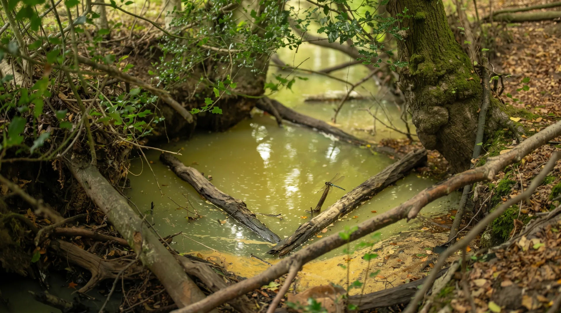 Stagnant water in a forested area, surrounded by fallen branches and greenery, showing signs of pollution