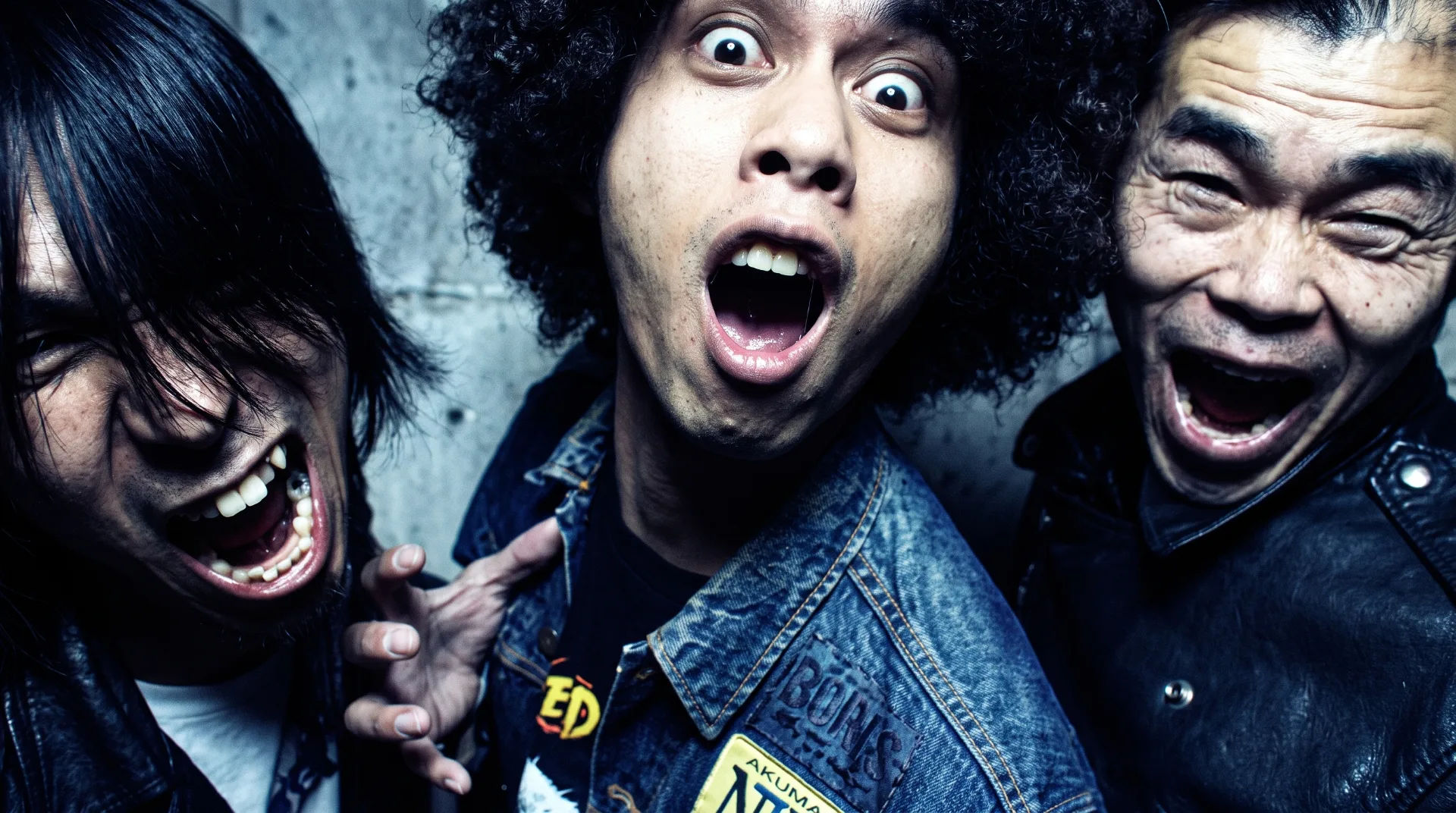 Three musicians pose in front of a venue sign reading 'ELECTRIC EEL SHOCK', wearing band t-shirts.