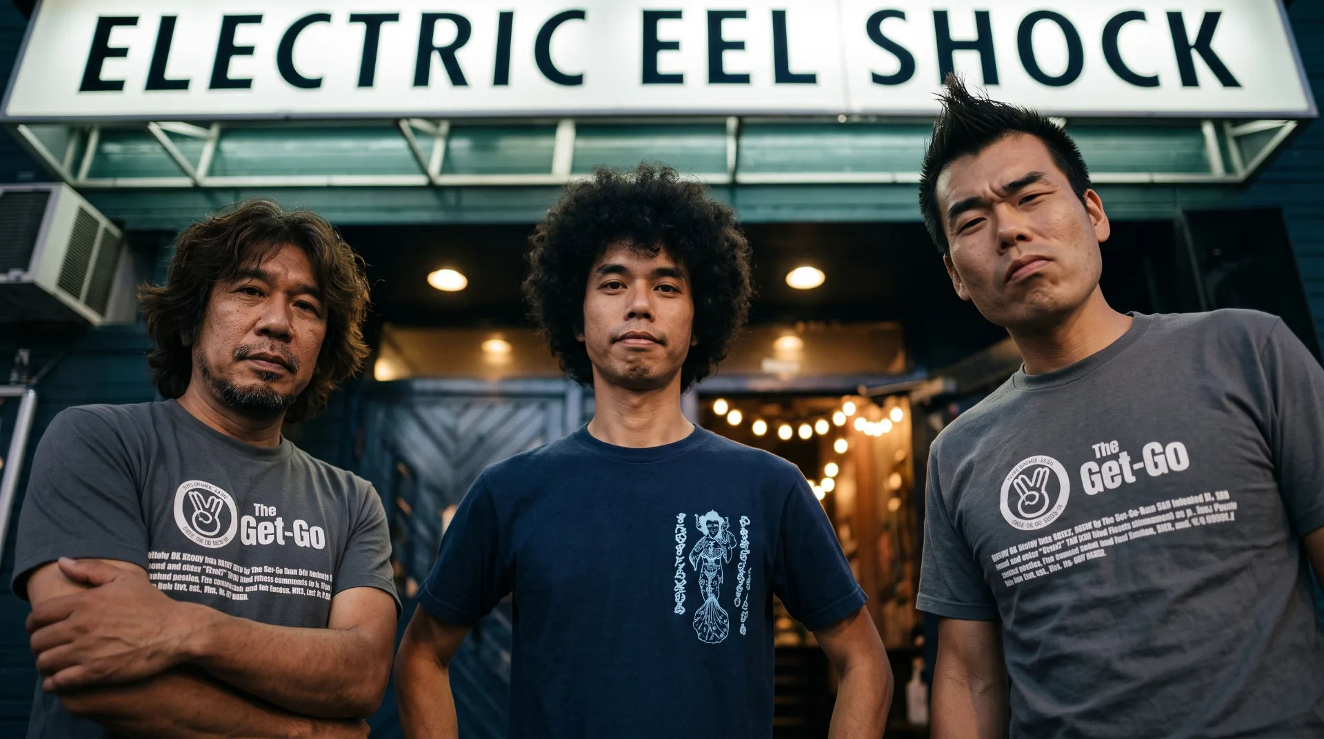 Three musicians pose in front of the Electric Eel Shock sign at The Anvil, wearing band t-shirts and serious expressions.