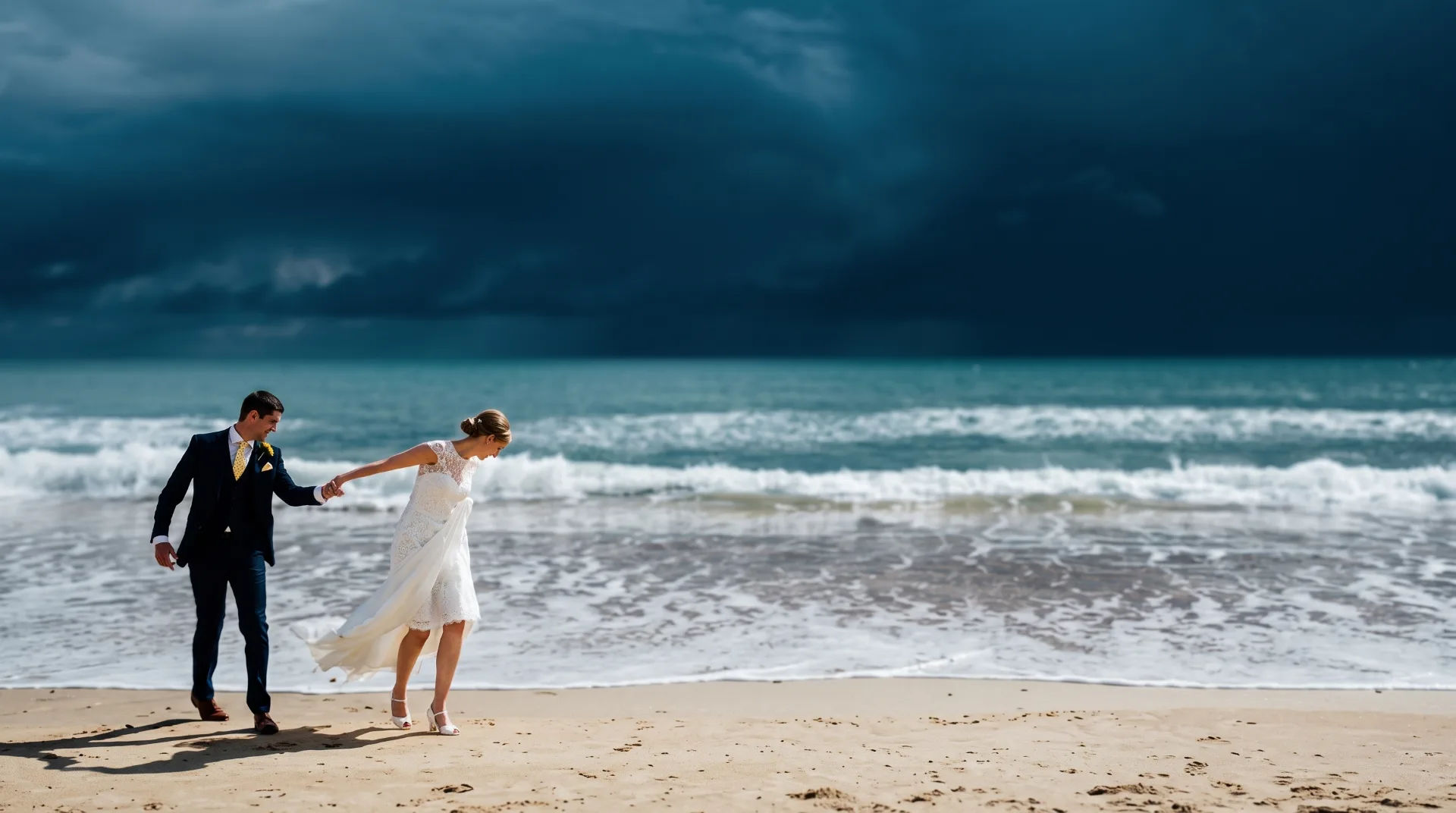 A couple in wedding attire walking hand in hand along a sandy beach with waves and dark clouds in the background.