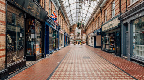 Victorian arcade with shops and a Union Jack flag in Bournemouth