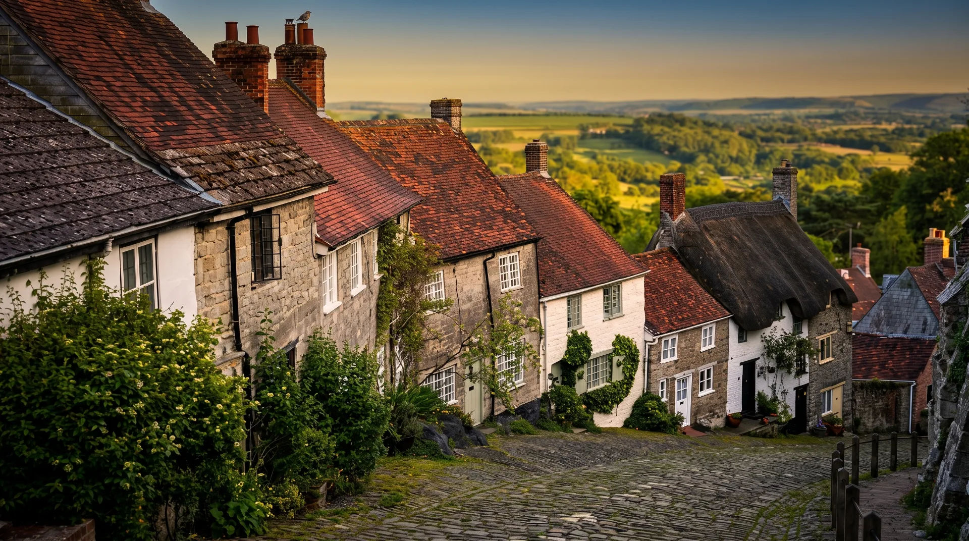 Historic cottages with red roofs and stone walls on a cobbled street, overlooking green fields at sunset