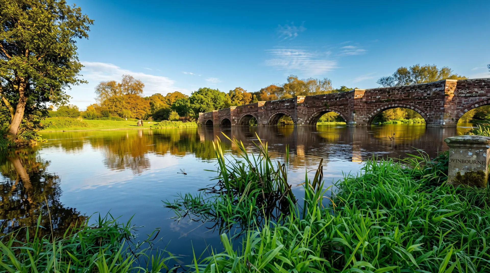 A stone bridge with multiple arches spans a calm river, surrounded by lush greenery and trees under a clear blue sky.