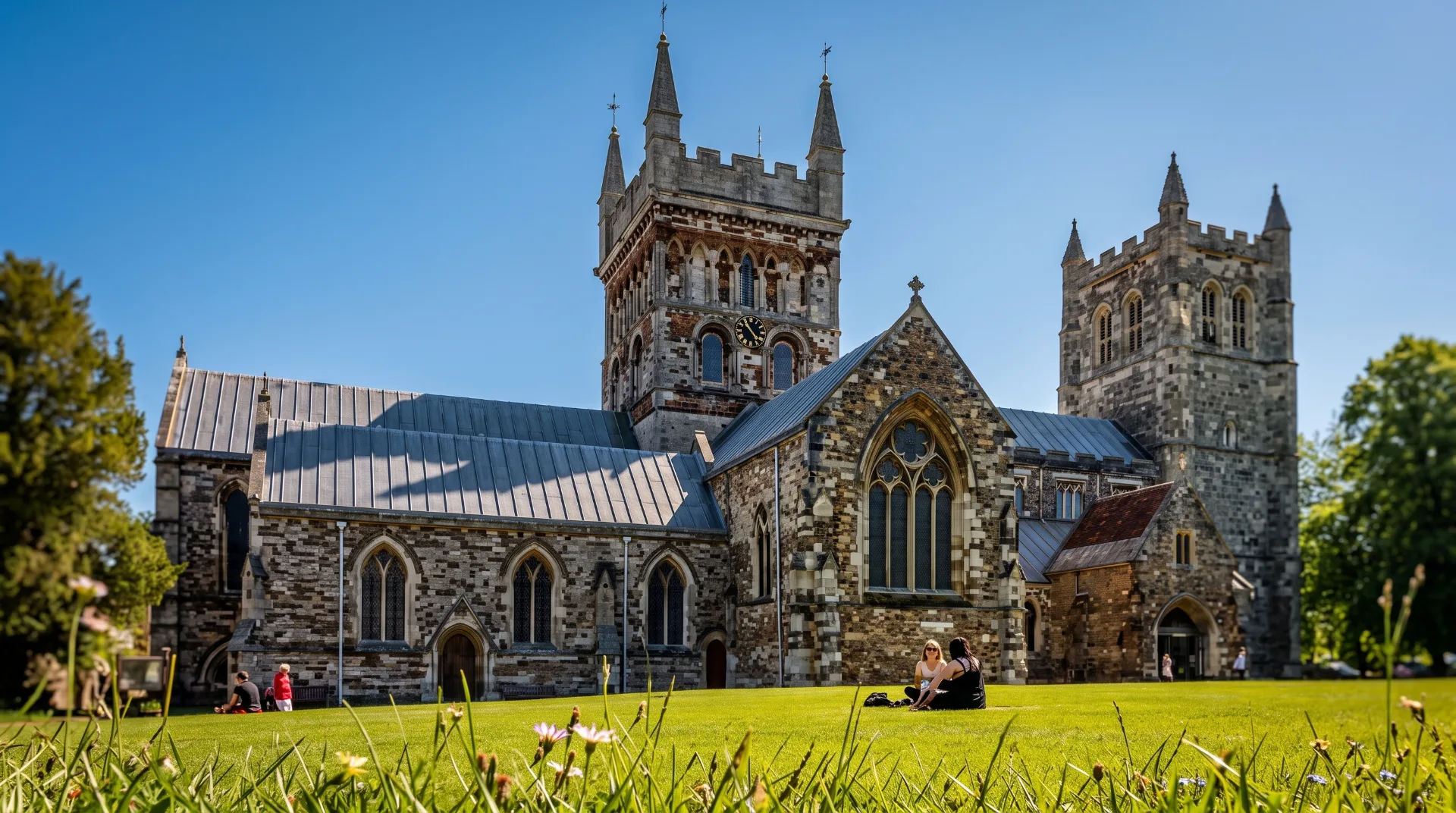 Wimborne Minster with two towers and people sitting on the grass in front