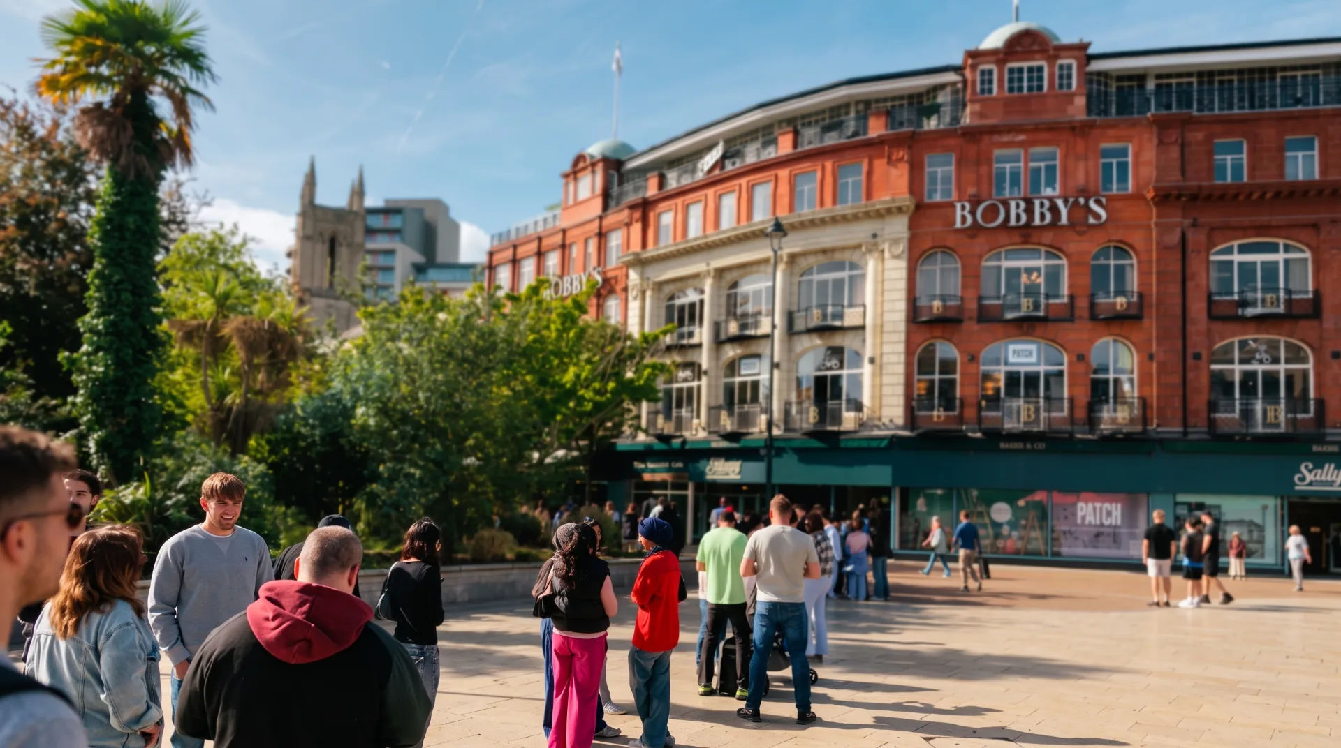 A queue of people waiting outside a restaurant in The Square, Bournemouth, with palm trees and buildings in the background.