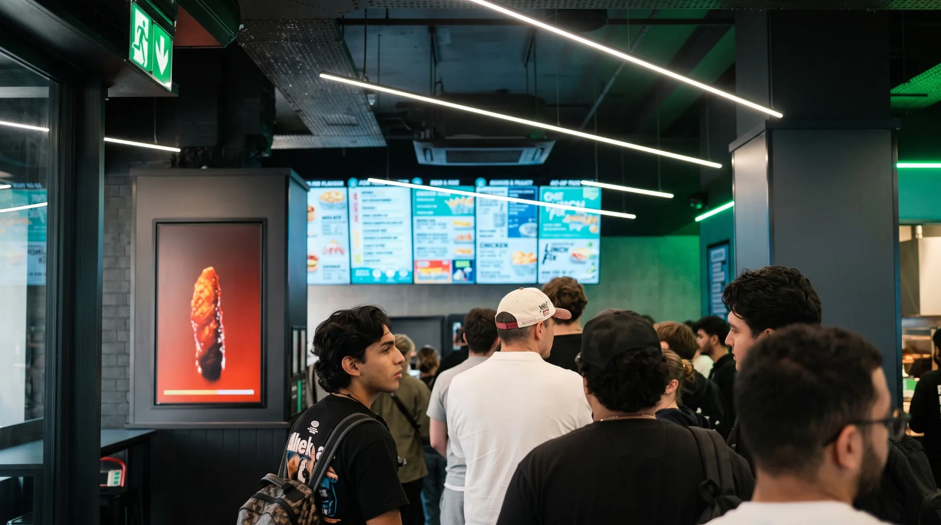 Interior of Wingstop Bournemouth with a queue of customers and a digital menu board