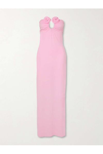 Strapless appliquéd draped stretch-jersey maxi dress