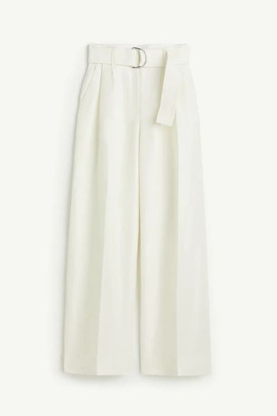 Linen-blend belted trousers
