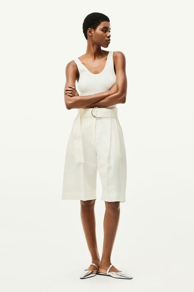 Linen-blend belted shorts