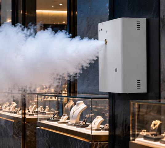 Security fog system releasing dense fog during an intrusion response