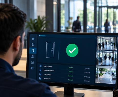 Security monitoring workstation displaying multiple facility camera views