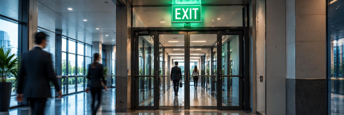 Commercial facility entrance with clearly marked emergency exit access