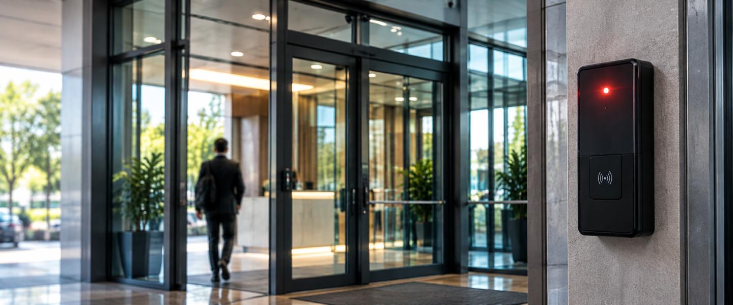 Commercial facility entrance with access-control hardware illustrating controlled entry during a security emergency