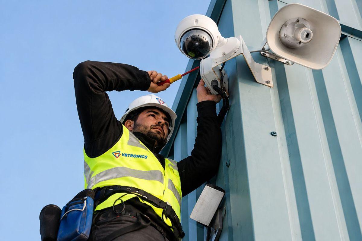 VBTRONICS AMC Technician Installing Security Surveillance Camera
