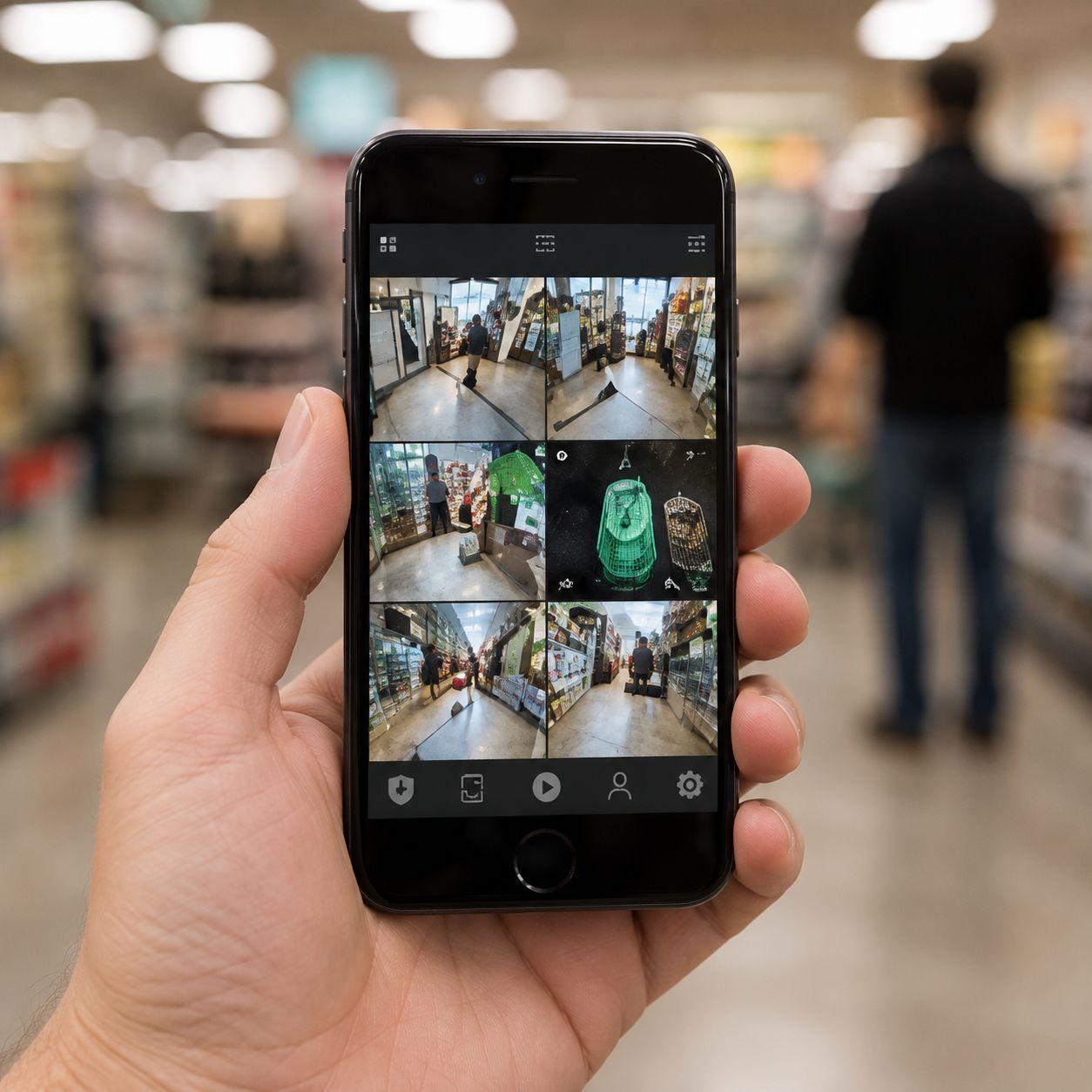 Mobile app access interface tracking real-time smart surveillance footage loops inside a retail department store environment